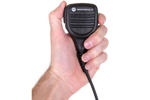 Motorola Shoulder Speaker Microphone for use with Motorola CP20, Motorola Shoulder Speaker Microphone in hand, Motorola Shoulder Speaker Microphone plug